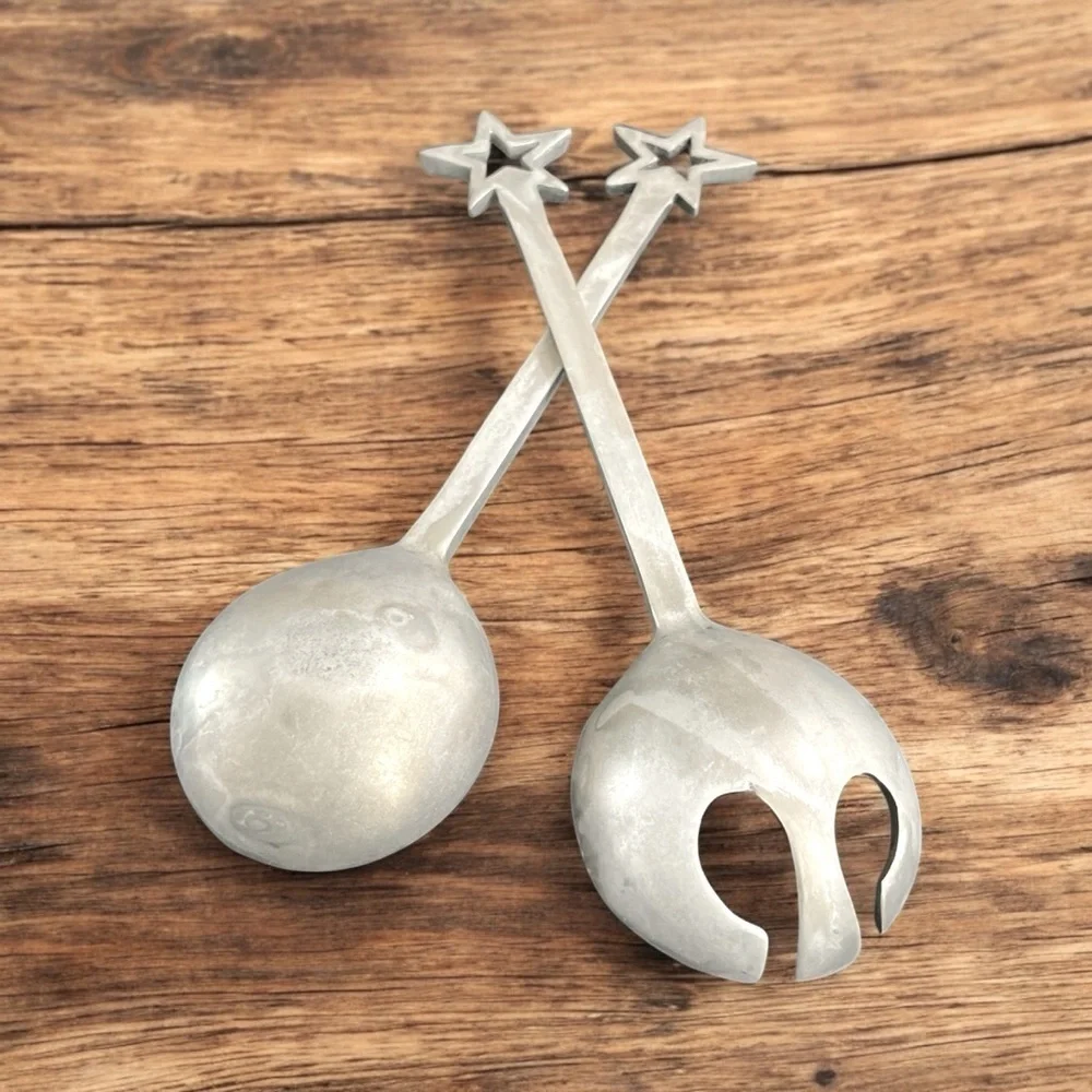 Midcentury Aluminum Salad Server Star Handle Design, Fork Spoon Serving Utensils